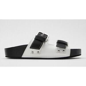 ZARA Double Strap Flat Slides Sandals High Fashion Black Leather Women Size 7.5